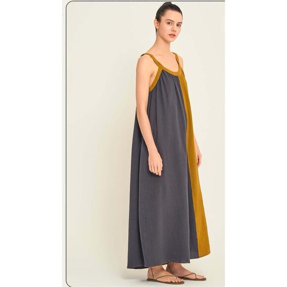 Grade and Gather Sz L Two Tone Maxi Dress Charcoal/Golden Rod Fall Lagenlook - Picture 2 of 13